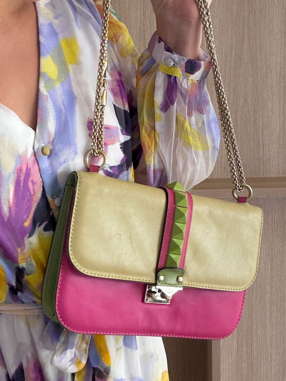 Valentino Garavani Two-Tone Pink and Yellow Leather Chain Crossbody